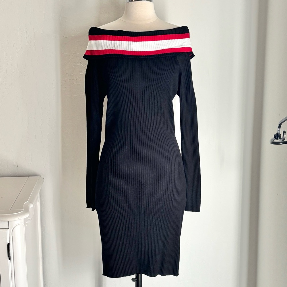 LA Hearts Black Ribbed Bodycon Off-Shoulder Stripe Accent Dress, XL